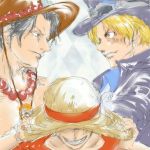  3boys argyle argyle_background blonde_hair brothers freckles gradient gradient_background hat jacket jewelry male_focus monkey_d_luffy multiple_boys necklace one_piece portgas_d_ace sabo_(one_piece) scar siblings stampede_string straw_hat topless trio 
