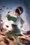  1girl avatar:_the_last_airbender black_hair blind fighting_stance gradient gradient_background grey_eyes hair_up hairband realistic rock solo toph_bei_fong zolaida 