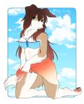  1girl artist_request border brown_hair dog female full_body furry green_eyes long_hair sky solo summer swimsuit 