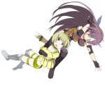  2girls black_gloves blonde_hair blush boots character_request collar collarbone female fighting fingerless_gloves gloves headband long_hair long_sleeves midriff multiple_girls naeumi_tomono open_mouth pink_eyes purple_hair ring_dream short_hair shorts simple_background tattoo tori0714 violet_eyes white_background 