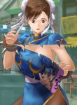  1girl blue_dress bracelet breasts brown_eyes brown_hair bun_cover capcom china_dress chinese_clothes chun-li double_bun dress female fighting_stance ho_den_keiji jewelry large_breasts open_mouth pantyhose puffy_short_sleeves puffy_sleeves ripping sash short_hair short_sleeves solo spiked_bracelet spikes street_fighter surprised torn_clothes 
