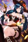  1girl bare_shoulders belt black_gloves blue_hair boots breasts cleavage coin collar collarbone female fingerless_gloves gloves gun handgun hat holding holding_weapon jewelry long_hair looking_at_viewer midriff navel original phonic pink_eyes pistol ring shorts sitting smile solo star_(symbol) sunbeam twintails weapon 