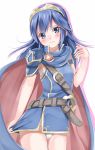  1girl adapted_costume amagami_rukichi badge belt blue_hair blush buckle cape fire_emblem fire_emblem:_kakusei lucina panties pantyshot pantyshot_(standing) popped_collar shoulder_pads simple_background sleeveless solo standing strap tiara underwear white_panties 