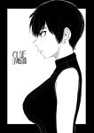  1girl bangs bare_shoulders breasts commentary earrings from_side greyscale hair_between_eyes highres jewelry large_breasts monochrome norman_maggot ol-chan_(norman_maggot) original pixie_cut profile ribbed_shirt shirt short_hair sleeveless sleeveless_shirt sleeveless_turtleneck solo turtleneck 