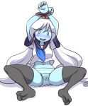  1girl adventure_time blue_skin blush fangs ice_queen looking_at_viewer nollety panties simple_background solo thigh-highs underwear white_hair 