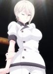  1girl breasts buttons female gradient gradient_background highres holding_arm nakiri_alice one_eye_closed red_eyes screencap shokugeki_no_souma short_hair silver_hair solo standing stitched 
