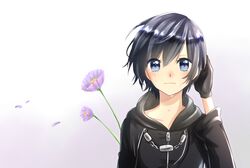  1girl black_hair blue_eyes cloak coat flower gloves gradient gradient_background kingdom_hearts short_hair solo tears xion_(kingdom_hearts) 