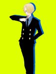  1boy blonde_hair blue_eyes double-breasted hair_over_one_eye hand_in_pocket male_focus necktie one_piece sanji simple_background solo standing suit 