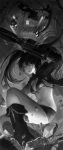  1girl black_rock_shooter black_rock_shooter_(character) boots bra closed_mouth dead_master female gun long_hair looking_at_viewer midriff monochrome navel phonic scythe shorts skull solo_focus twintails underwear weapon 