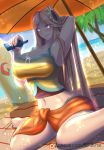  1girl arm_up armpits bikini blonde_hair blush breasts cleavage curvy female hair_ornament huge_breasts large_breasts league_of_legends leona_(league_of_legends) long_hair looking_at_viewer midriff navel red_eyes sitting smile solo swimsuit tagme torahimemax very_long_hair wide_hips 