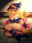  1girl ass bare_legs bed blonde_hair blush boots breasts dark_magician_girl esunoji female green_eyes hat jewelry large_breasts legs long_hair looking_at_viewer necklace smile staff underwear wizard_hat yu-gi-oh! 