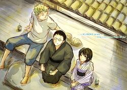 1girl 2boys black_hair father_and_daughter glasses green_hair koushirou_(one_piece) kuina multiple_boys one_piece porch roronoa_zoro sitting tea