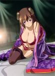  1girl bare_shoulders blush bra breasts brown_hair cleavage collarbone feet female futon garter_belt hair_ornament highres hyakka_ryouran_samurai_girls japanese_clothes kimono large_breasts legs lingerie long_hair looking_at_viewer navel no_shoes official_art open_clothes panties red_bra red_panties scan shiny shiny_hair shiny_skin sitting smile solo thigh-highs thighs tokugawa_sen underwear violet_eyes 