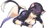  1girl animal_ears artist_request ass breasts cat_ears fake_tail female ghost_in_the_shell jacket kusanagi_motoko large_breasts legs looking_at_viewer no_bra purple_hair short_hair simple_background solo 