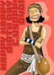  1boy armband black_hair character_name crossed_arms goggles male_focus one_piece overalls simple_background smile solo usopp 
