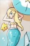  1girl beach blonde_hair blue_eyes blush breasts chiko_(mario) cleavage face_down female gradient gradient_background hair_over_one_eye large_breasts lying mermaid missjibun monster_girl open_mouth rosetta_(mario) solo super_mario_bros. super_mario_galaxy 