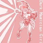  1girl book boots breasts dark_magician_girl duel_monster female hat hibun_tsukasa long_hair looking_at_viewer magic monochrome simple_background solo wand wink wizard_hat yu-gi-oh! yuu-gi-ou_duel_monsters 