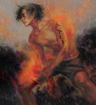  1boy fire freckles gradient gradient_background magic male_focus muscle one_piece portgas_d_ace rain shorts solo tattoo topless 