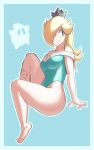  1girl black_eyes blonde_hair border breasts cleavage crown hair_over_one_eye rosetta_(mario) simple_background solo super_mario_bros. super_mario_galaxy swimsuit thick_thighs 
