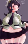  1girl black_hair blush breasts female filia_(skullgirls) large_breasts long_hair looking_at_viewer navel necktie plump red_eyes simple_background skullgirls solo thick_thighs wide_hips 