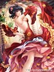  1girl bare_back bare_shoulders black_hair bracelet closed_mouth detached_sleeves dress female flower frills grey_eyes hair_flower hair_ornament hobak jewelry leaf looking_at_viewer necklace pink_flower rose solo tenka_touitsu_chronicle yellow_flower 