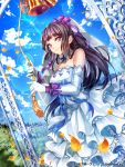  1girl bare_shoulders blue_bow bow braid breasts cleavage closed_mouth dress elbow_gloves female frills gloves hair_bow hair_ribbon hime_cut interitio long_hair looking_at_viewer purple_bow purple_hair ribbon smile solo sunbeam tenka_touitsu_chronicle violet_eyes wedding_dress white_gloves 
