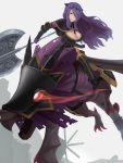  1girl armor axe bad_id breasts camilla_(fire_emblem_if) cleavage dragon fire_emblem fire_emblem_if flying glowing glowing_eyes hair_over_one_eye highres hope_of_sky long_hair looking_at_viewer marzia_(fire_emblem_if) purple_hair riding simple_background solo tiara weapon wings 