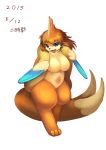  1girl artist_request blue_eyes breasts female floatzel full_body furry open_mouth pokemon simple_background solo white_background 