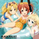  3girls aihara_enju bikini black_bullet blonde_hair blue_eyes blush brown_eyes child female innertube katagiri_yuzuki long_hair multiple_girls ocean open_mouth scan smile swimsuit tina_sprout twintails 