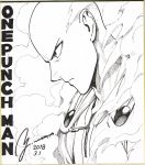  1boy absurdres bald cape closed_mouth copyright_name dated from_side frown greyscale highres monochrome murata_yuusuke official_art one-punch_man photo profile saitama_(one-punch_man) serious signature solo superhero traditional_media upper_body 