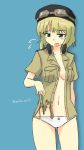  1girl blue_eyes blush cecilia_glinda_miles goggles hat panties shirt short_hair simple_background solo strike_witches torn_clothes underwear witches_of_africa 