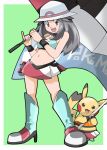  1girl blue_(pokemon) boots hainchu navel nintendo pikachu pokemon racequeen simple_background skirt umbrella 