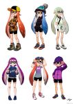  6+girls alternate_costume beanie camo_print colo_(nagrolaz) fangs glasses goggles goggles_on_head hat inkling jacket multiple_girls pointy_ears simple_background smile splatoon sunglasses sweater tentacle_hair v wristband 