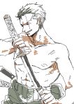  1boy earrings haramaki jewelry male_focus one-eyed one_piece roronoa_zoro simple_background solo sword topless 