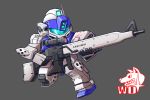  animal chibi dingo gm_sniper_ii gun gundam gundam_side_story:_rise_from_the_ashes kneeling mecha no_humans rifle scope simple_background sniper_rifle solo tamasi weapon 