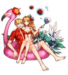  1boy 1girl barefoot bikini bird blonde_hair donquixote_rocinante flamingo flower nami_(one_piece) one_piece orange_hair short_hair simple_background swimsuit time_paradox 