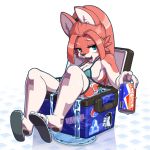  1girl aqua_eyes artist_request copyright_request dog furry long_hair open_mouth pepsi ponytail redhead simple_background solo 