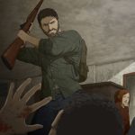  1girl 2boys backpack bag blood brown_hair building ellie_(the_last_of_us) from_behind from_below gb_(doubleleaf) green_eyes gun hand_on_hip highres indoors joel_(the_last_of_us) multiple_boys naughty_dog open_mouth short_hair standing the_last_of_us weapon 