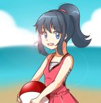  1girl bare_shoulders beach blue_eyes blue_hair blush hikari_(pokemon) long_hair nintendo pokemon pokemon_(anime) ponytail sky smile solo swimsuit water 