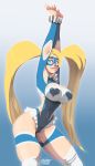  1girl blonde_hair blue_eyes breasts domino_mask gradient gradient_background leotard looking_at_viewer mask rainbow_mika revealing_clothes smile solo street_fighter tovio_rogers twintails upper_body 
