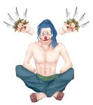  1boy blue_hair buggy_the_clown clown disembodied_limb dismembered grin indian_style lipstick makeup male_focus one_piece sash simple_background sitting smile solo topless 