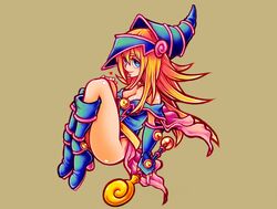  1girl blonde_hair boots breasts dark_magician_girl duel_monster female green_eyes hat heart long_hair looking_at_viewer niwatori_murachun shiny shiny_skin simple_background smile solo wand wizard_hat yu-gi-oh! yuu-gi-ou_duel_monsters 