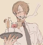 1boy bandage blonde_hair food hair_over_one_eye male_focus one_piece sanji simple_background smile solo tray 