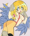  1girl ass blonde_hair breasts claws cosplay dark_magician_girl duel_monster female green_eyes harpie_girl long_hair looking_at_viewer misaka_(missa) simple_background solo yu-gi-oh! yuu-gi-ou_duel_monsters 