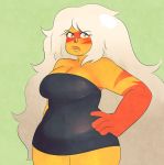  1girl blush breasts cartoon_network cleavage dress facial_mark hand_on_hip jasper_(steven_universe) lips looking_at_viewer orange_skin simple_background solo steven_universe thick_lips thick_thighs white_hair wide_hips 