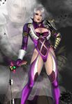  1girl armor blue_eyes breasts cleavage female gloves gradient gradient_background hair_over_one_eye highres isabella_valentine large_breasts lips lipstick makeup revealing_clothes short_hair solo soul_calibur soulcalibur_v sword weapon white_hair zoom_layer 