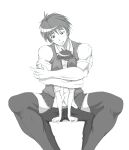  1boy 1girl artist_request blush hug monochrome muscle short_hair size_difference thigh-highs 