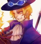  1boy blonde_hair cravat fire gloves goggles goggles_on_hat hat male_focus one_piece pole sabo_(one_piece) scar simple_background solo top_hat yellow_eyes 