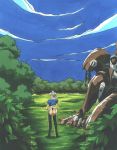  1girl albert_denomikeldy ass boots clouds forest from_behind grass kimura_takahiro leotard long_boots mecha nature outdoors pc_engine puffy_sleeves revealing_clothes short_sleeves sky standing steam_hearts thigh_boots thong_leotard tree 
