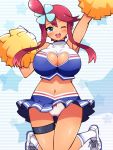  10s 1girl alternate_costume blue_eyes blue_shirt blue_skirt blush bow bow_panties breasts cheerleader chro_(rulurullu) cleavage_cutout crop_top female fuuro_(pokemon) gym_leader hair_ornament heart heart_cutout jumping large_breasts long_hair looking_at_viewer midriff navel one_eye_closed open_mouth panties pantyshot pantyshot_(jumping) pokemon pokemon_(game) pokemon_bw pom_poms redhead shirt shoes skirt sneakers solo star starry_background striped_background sweat underwear white_panties white_shoes 